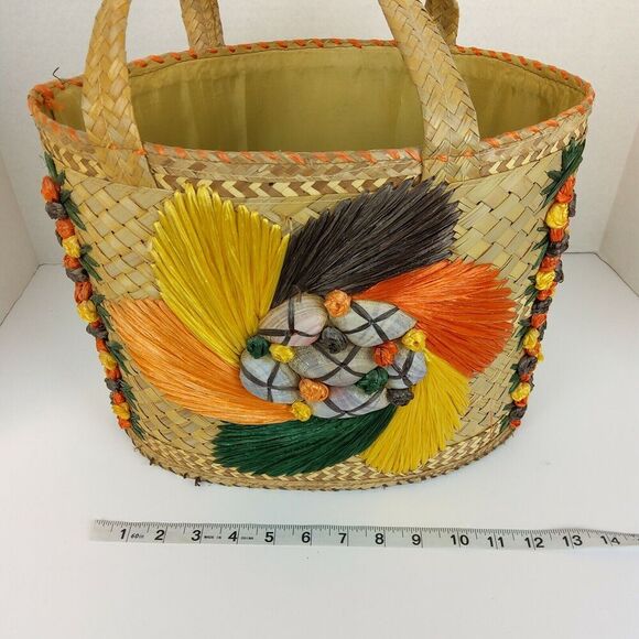 VTG Woven Straw Sea Shell Wicker Beach Tote Market Bag Raffia Floral Colorful - Picture 8 of 12